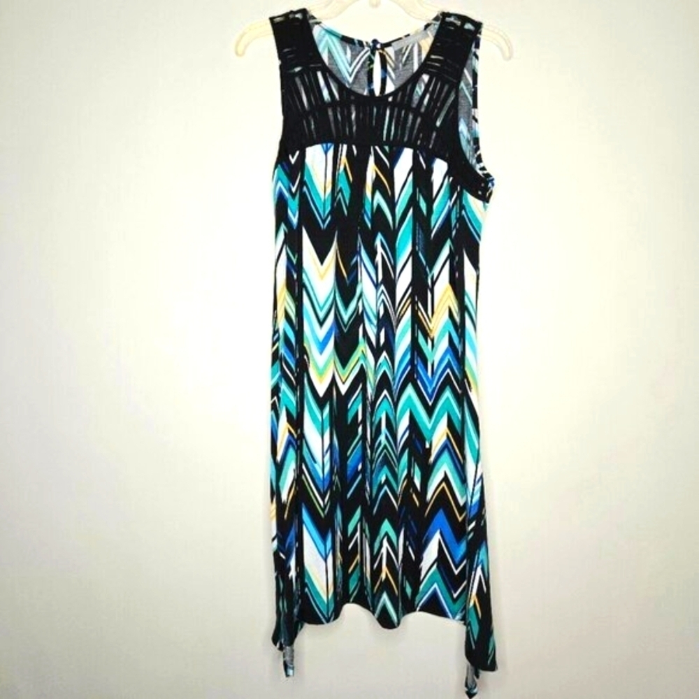NY Collection Black Multi-Color Swing Handkerchief Sleeveless Midi Dress Sz M
